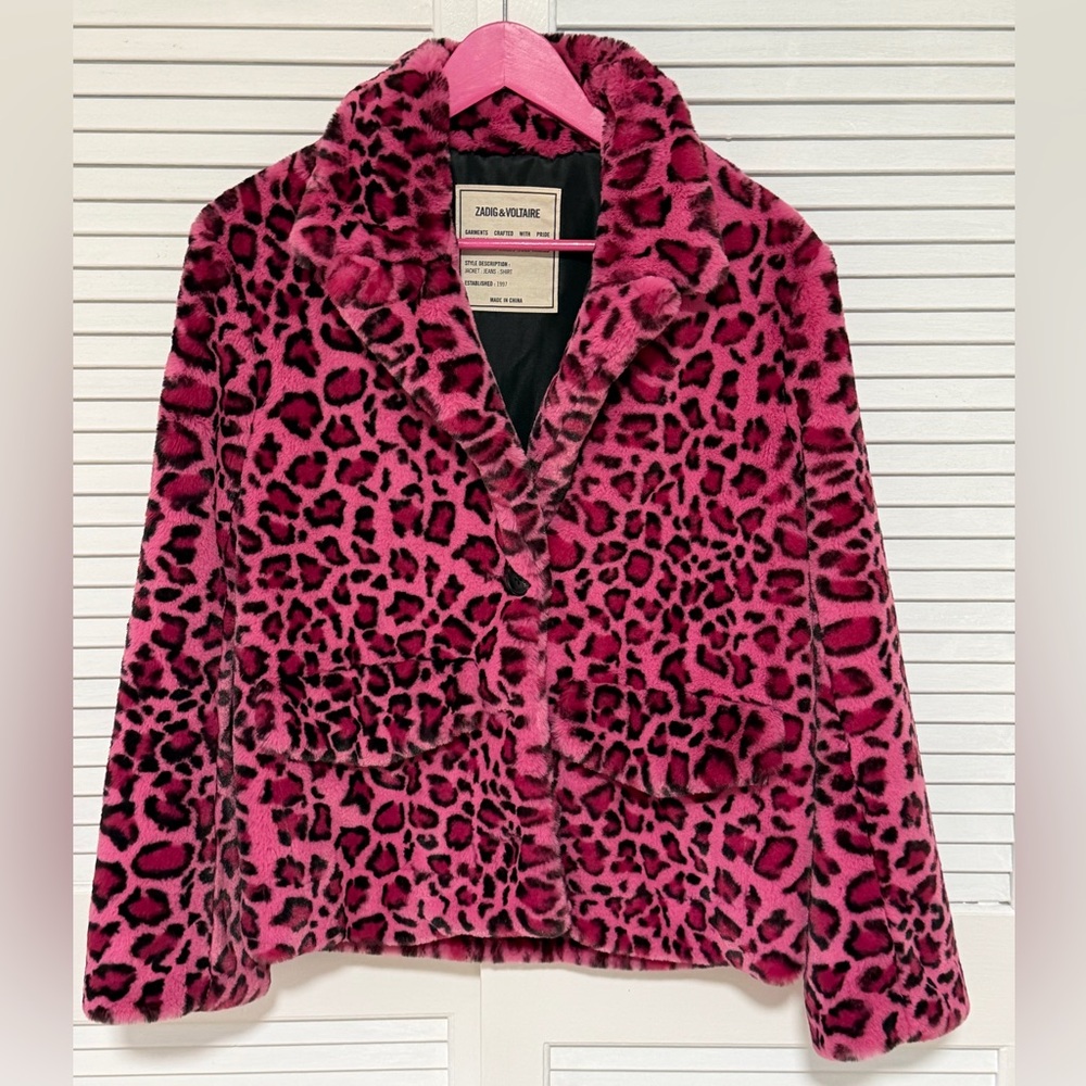 NWOT Zadig & Voltaire Pink Leopard Faux Fur Jacket Size S